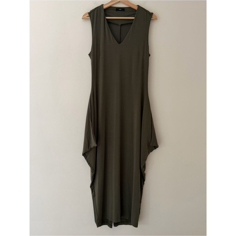 Ruti Iconic Dress Midi Jersey Knit Olive Green Sleeveless Size Medium Modern